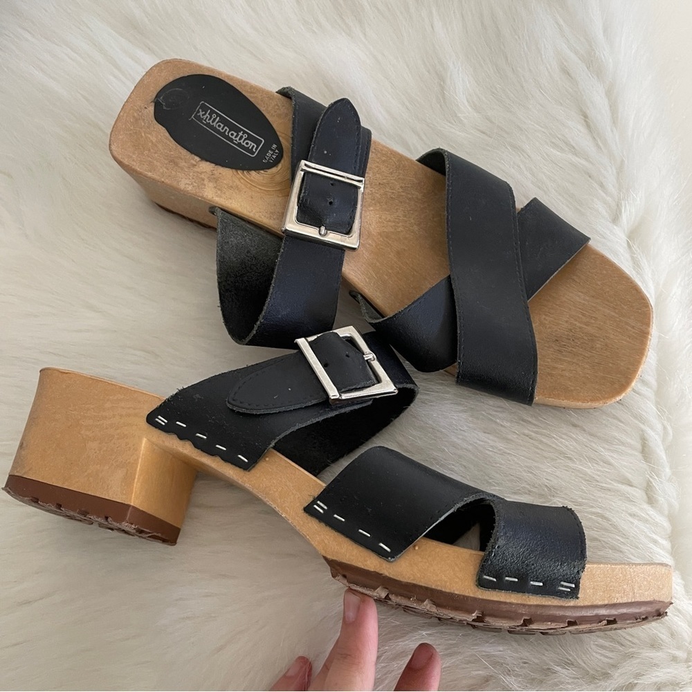 Vintage Y2K Xhiliration Clog Sandals Black Leather Buckle Made in Italy